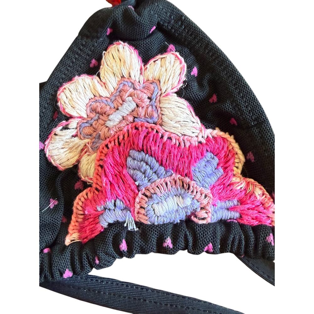Agua Bendita Embroidered Triangle Bikini Top Black Pink Size Medium - Picture 2 of 6